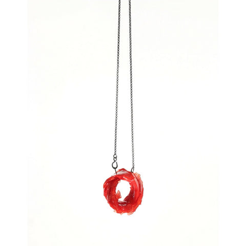 Necklace, silver, paper, resin, red