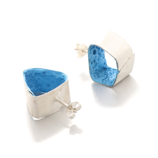 big stud statement earrings with blue detail, handmade in Vienna