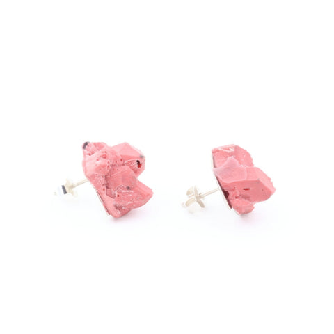 Small pink statement earrings handmade by Izabella Petrut in Vienna